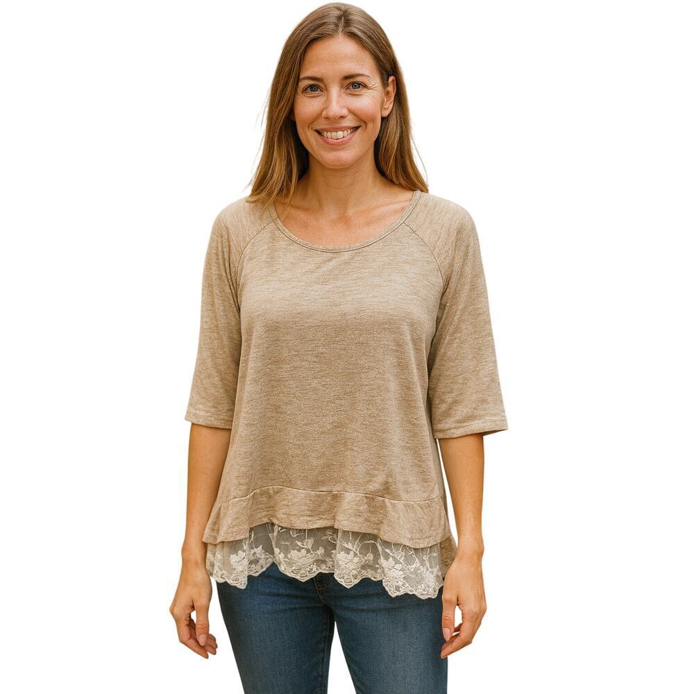 Umgee USA sz S neutral beige lace trim tunic top EUC 1/2 sleeve coquette EUC